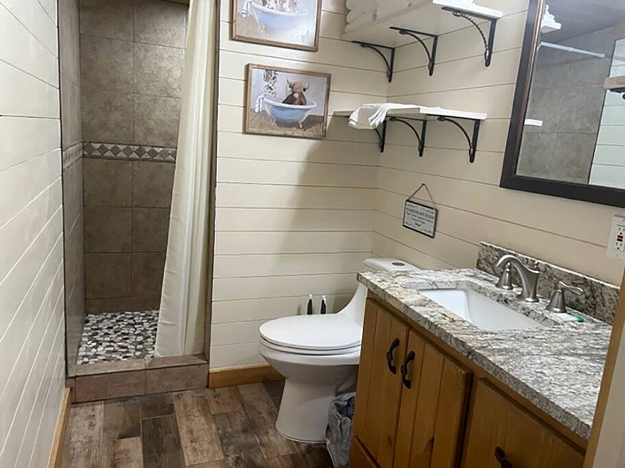 Hair dryer, towels, soap, shampoo