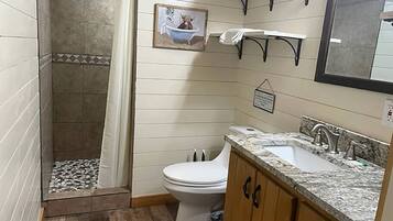 Hair dryer, towels, soap, shampoo