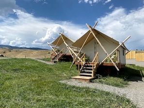 A series of wooden cabins with external staircases, set in a grassy field with a clear sky.