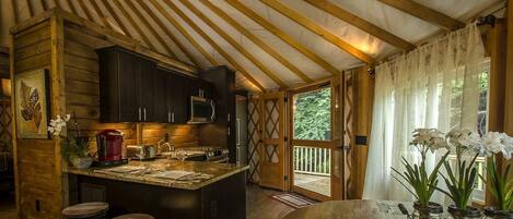Fridge, microwave, oven, cookware/dishes/utensils