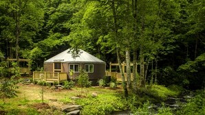 A cabin surrounded by a forest with a wooden deck and a small stream. - Creekside Secluded Yurt with Jacuzzi in Topton, North Carolina (Topton)