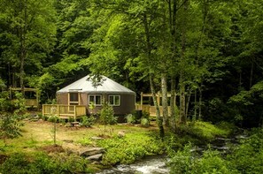 Una cabaña rodeada de bosque, con una terraza de madera y un pequeño arroyo.