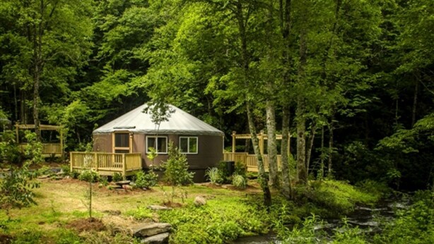 A cabin surrounded by a forest with a wooden deck and a small stream. - Creekside Secluded Yurt with Jacuzzi in Topton, North Carolina (Topton)