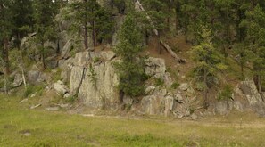 Ein felsiges Gelände mit vereinzelter Vegetation und blauem Himmel.