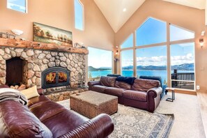 TV, fireplace - Majestic Summit Retreat: Family Vacation Rental Overlooking Lake Pend Oreille (Sagle)