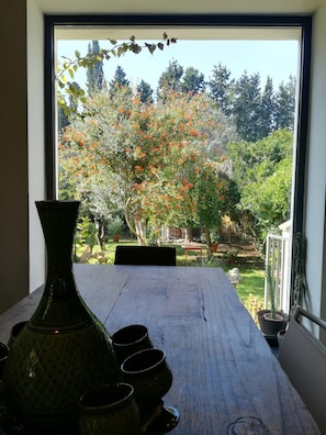 Una vista attraverso una finestra su un giardino con un tavolo, sedie, un vaso e diverse tazze.