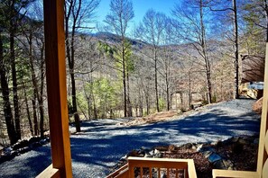 Een chalet met een veranda, omgeven door bos en bergen.