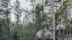 Una terraza de madera con mobiliario exterior, un brasero y vistas a un área boscosa.