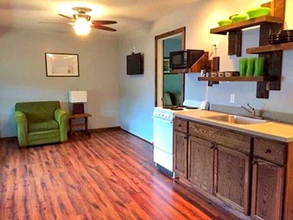 Fridge, microwave, stovetop, coffee/tea maker