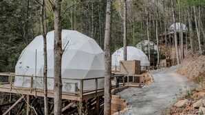 A forested area with geodesic dome structures, wooden walkways, and a gravel path. - Luxury Living with Panoramic Views at Cherry Log's Designer Dome (Cherry Log)