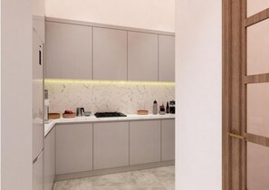 Luxury Apartment | Private kitchen | Full-size fridge, microwave, stovetop, cookware/dishes/utensils