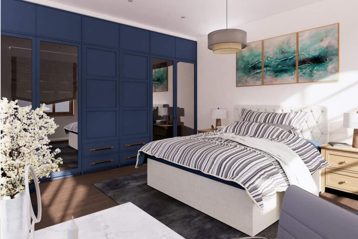 A bedroom with a bed, a nightstand, a dresser, and a large window.