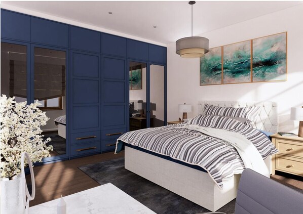 Luxury Apartment | Desk, laptop workspace, blackout drapes, soundproofing