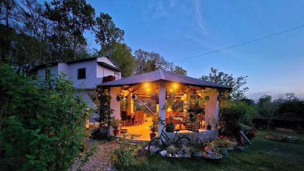 Una casa con porche cubierto, comedor y jardín con plantas en macetas y una bicicleta.