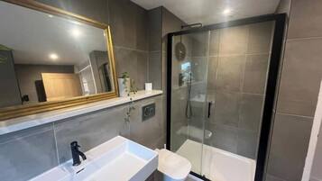 Hair dryer, towels, soap, toilet paper