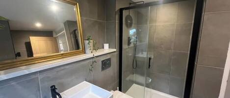 Hair dryer, towels, soap, toilet paper