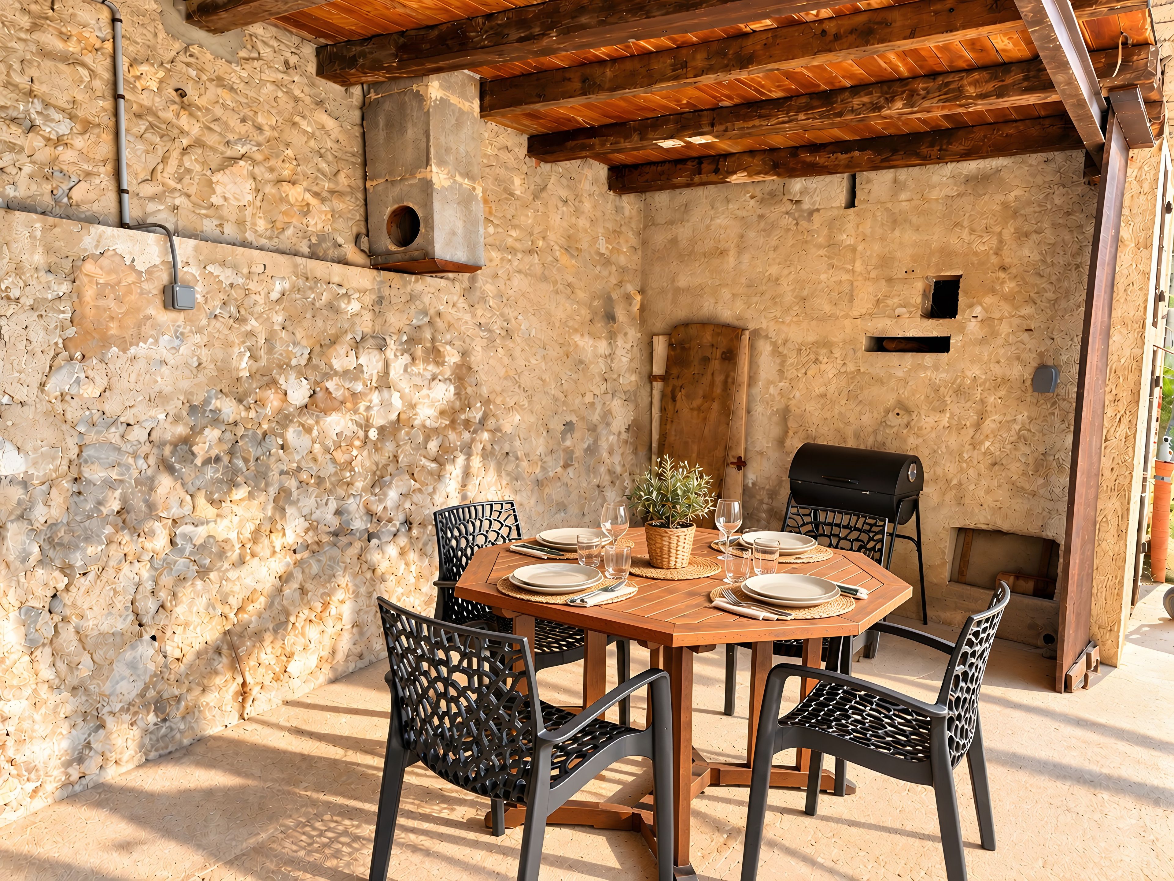 An outdoor dining area with a rustic stone wall, wooden ceiling beams, and a round wooden table with chairs.