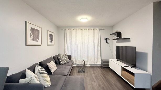 Ein modernes Wohnzimmer mit einem grauen Sofa, einem Flachbildfernseher und einer weißen Unterhaltungsanlage.