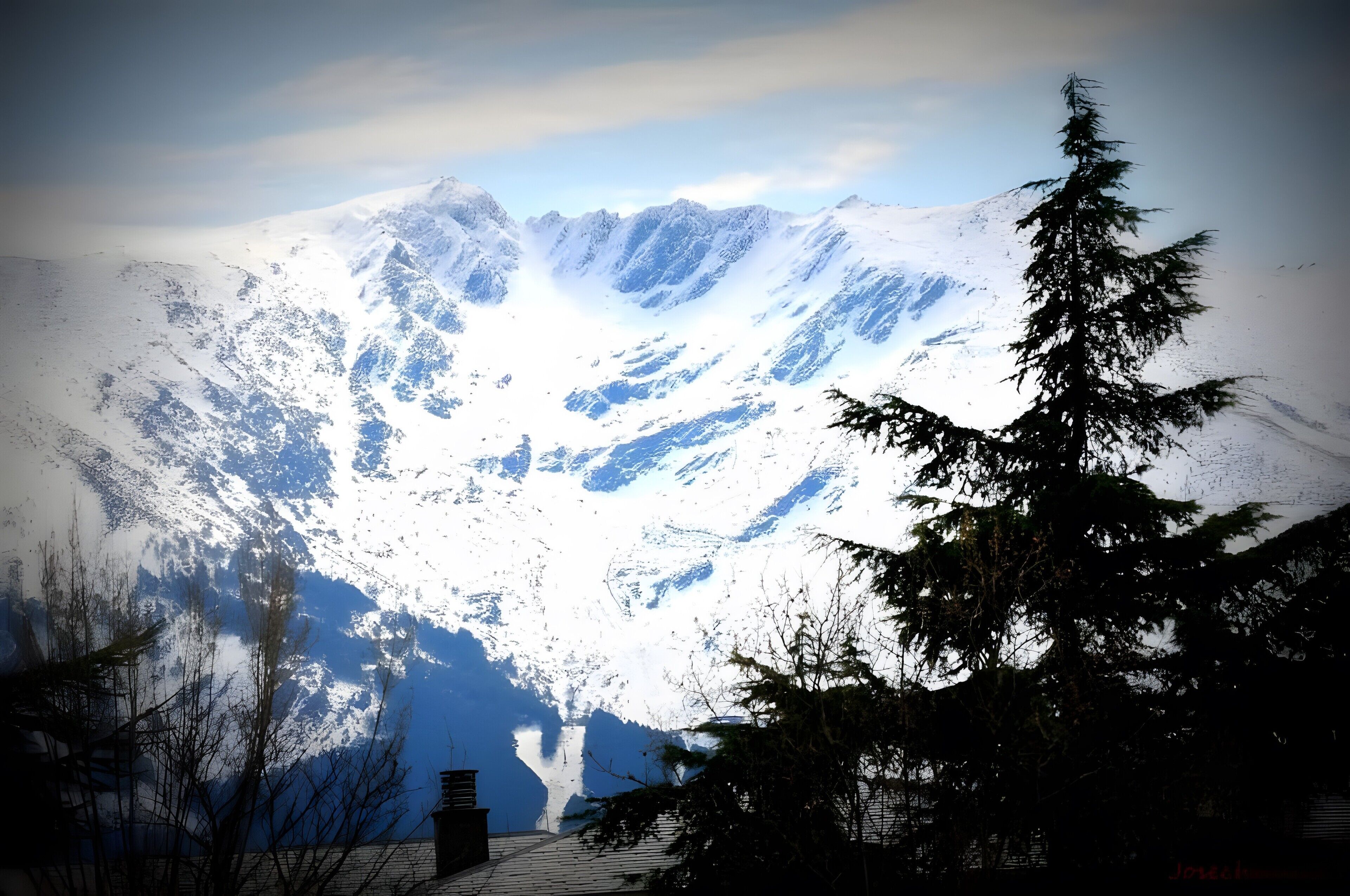 A mountain landscape with snow-covered peaks and a coniferous tree in the foreground.
