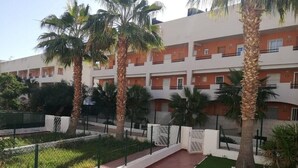 Un patio con palmeras, un sendero y un edificio con balcones.