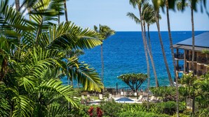 A resort with a pool area, palm trees, and a view of the ocean. - Great Location AC & Wifi Concierge Included! (Kailua-Kona)