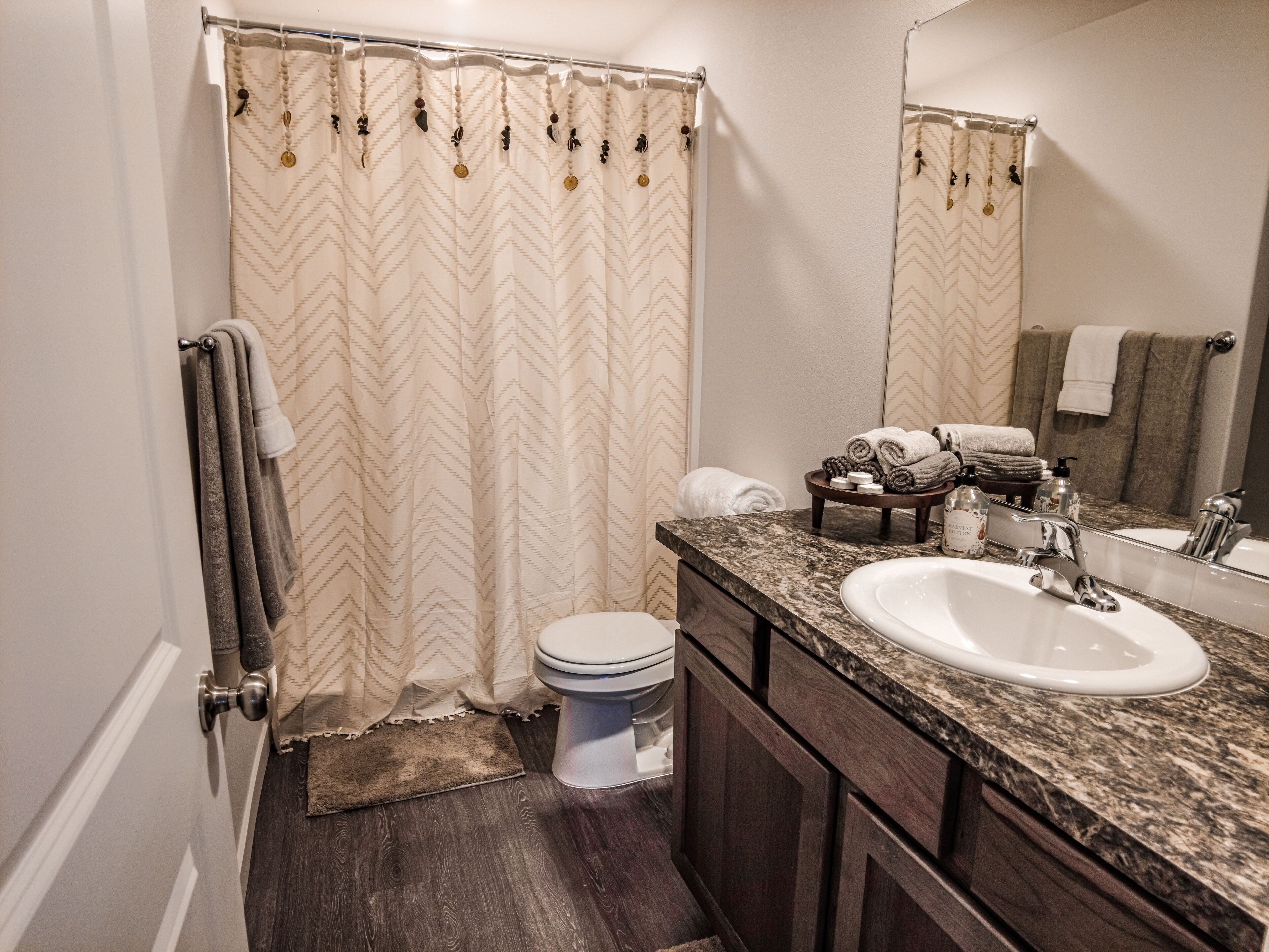 Hair dryer, towels, soap, toilet paper