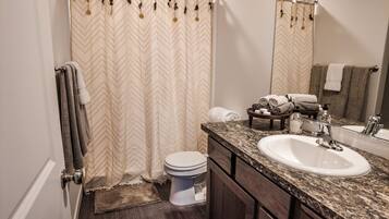 Hair dryer, towels, soap, toilet paper