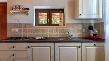 Fridge, stovetop, dishwasher, coffee/tea maker