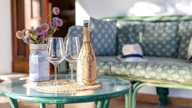 A glass table with a bottle and glasses, a vase with flowers, and a patterned sofa in the background. - Holiday Home 'Domo Clelia' with Private Terrace, Garden & Air Conditioning (Nulvi)
