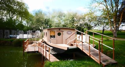 Toue cabanée au bord d'un plan d'eau