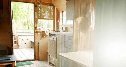 Toue cabanée au bord d'un plan d'eau