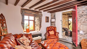 Ein gemütliches Wohnzimmer mit einer Ledersofa, einem roten Sessel und einer Steinwand.