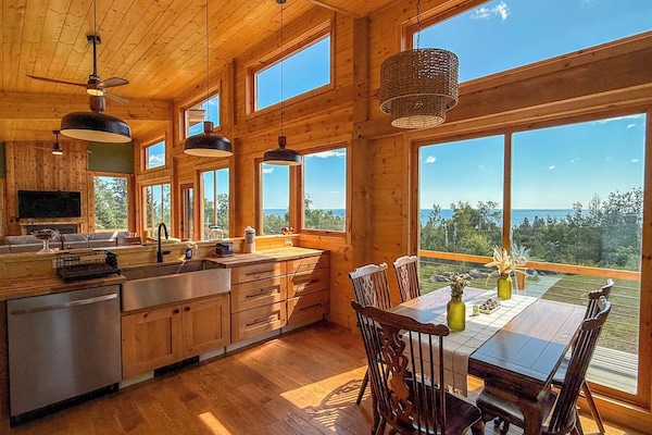 Lake Superior views from the kitchen of Cross River Cabin.