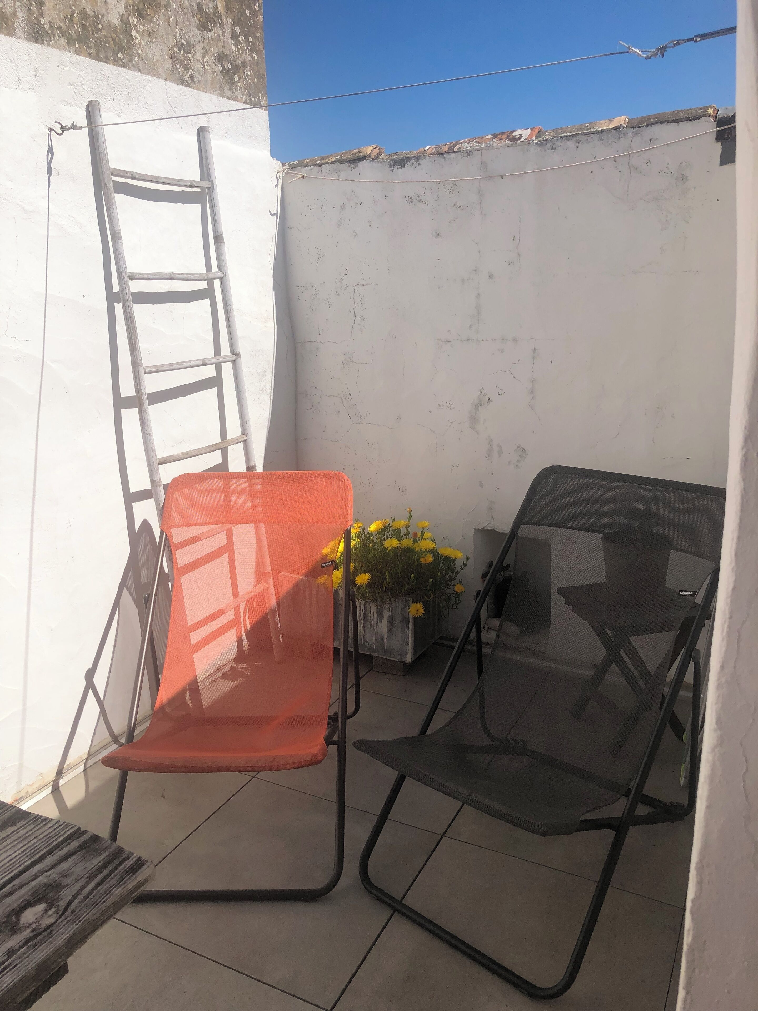 A balcony with a metal chair, a wooden chair, a small table, a potted plant with yellow flowers, and a ladder leaning against the wall.