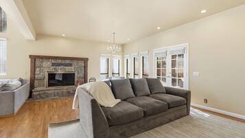 TV, fireplace, video games, foosball