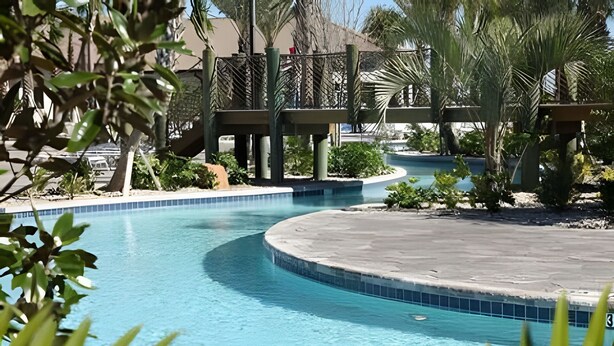Una piscina a forma curva, circondata da palme e altra vegetazione.