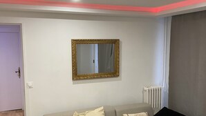 A modern living room with a grey sectional sofa, a gold-framed mirror, and a radiator. - Pleasant apartment in the heart of the city (Orléans)