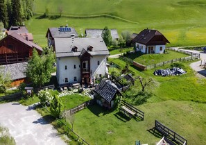Une maison de campagne avec un grand jardin à l’avant, une zone délimitée par une clôture et un petit bâtiment doté d’un toit en pente.