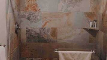 Shower, towels, toilet paper