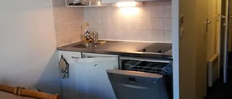 Frigorífico, microondas, horno y placa de cocina