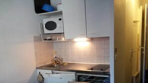 Cocina compacta equipada con microondas, fregadero y lavavajillas.
