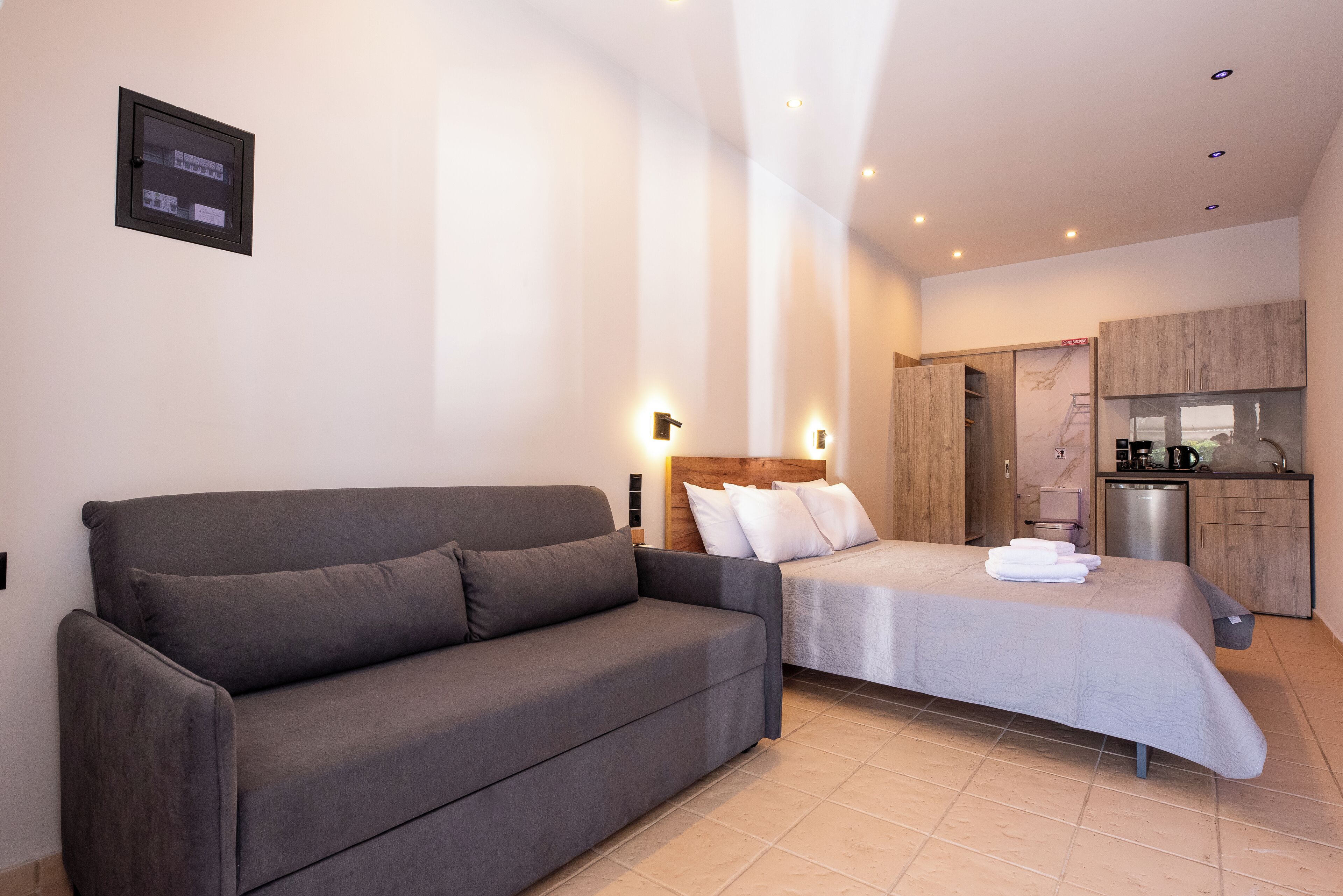 A modern bedroom with a grey sofa, a bed with white bedding, a wooden headboard, and a small kitchenette in the background.
