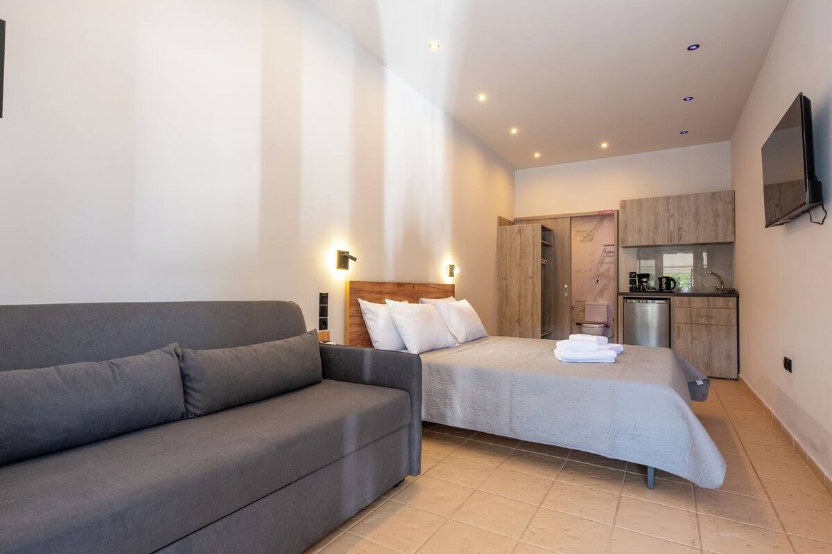 A modern hotel room with a grey sofa, a bed with a wooden headboard, a small kitchenette, and a TV mounted on the wall.