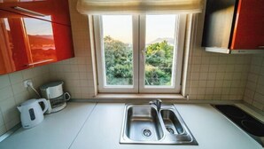 Une cuisine équipée d’un évier à deux bacs, d’une machine à café et d’une fenêtre donnant sur un espace verdoyant.