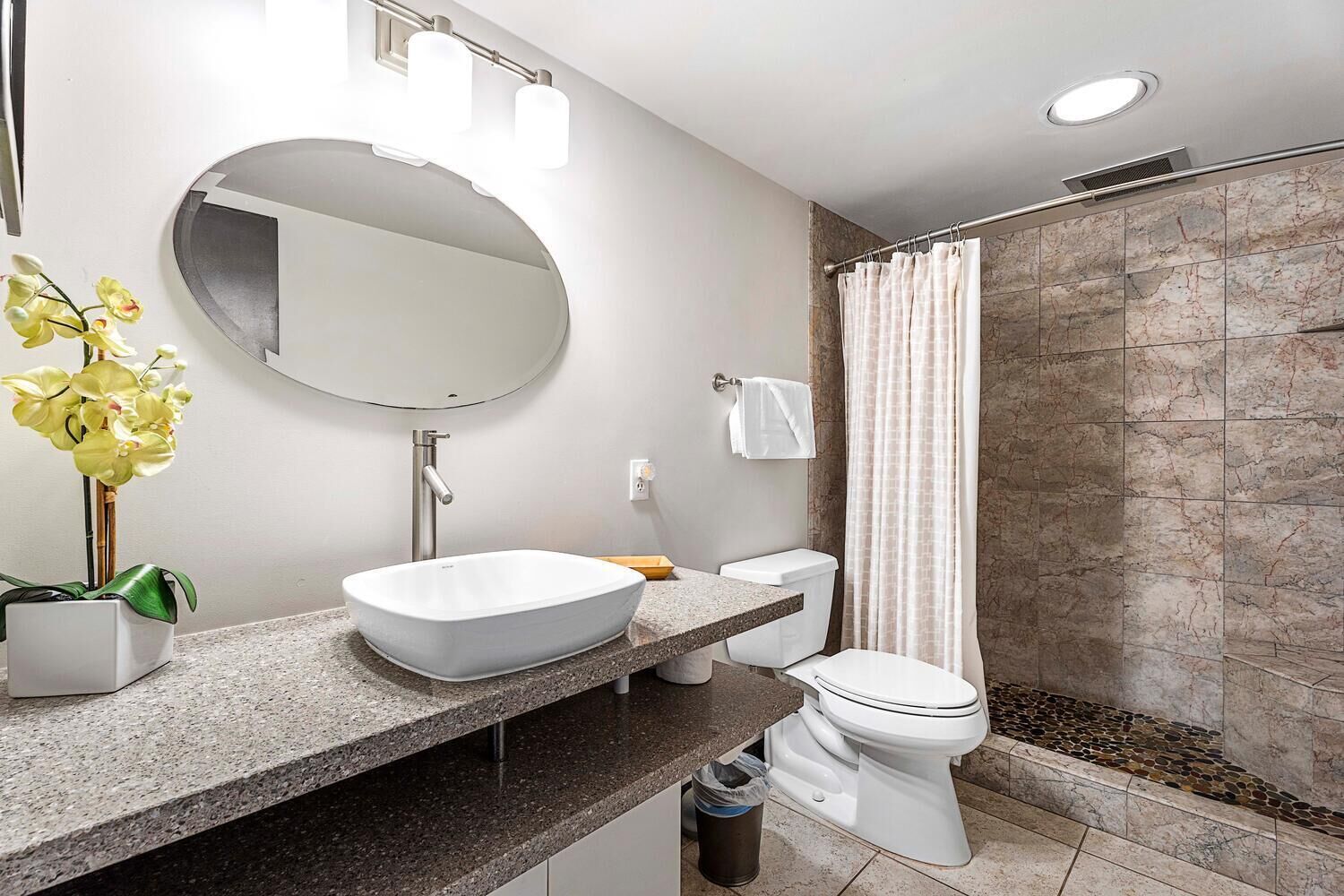 A modern bathroom with a freestanding sink, a toilet, and a shower area.