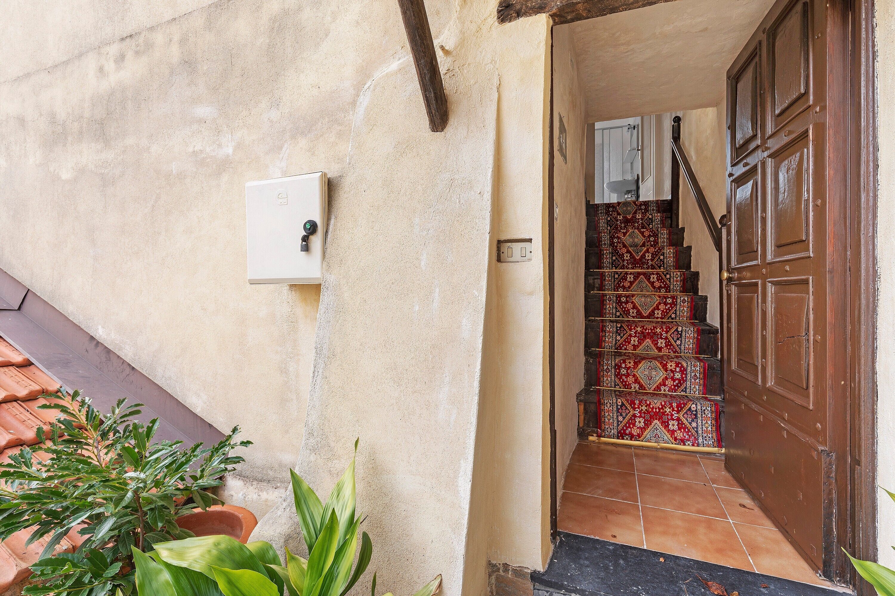 Un escalier recouvert d’une moquette à motifs, une porte en bois et une boîte électrique fixée au mur.