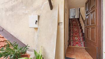 Un escalier recouvert d’une moquette à motifs, une porte en bois et une boîte électrique fixée au mur.