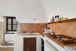 Fridge, microwave, stovetop, electric kettle