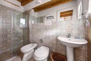 Shower, hair dryer, towels