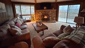 TV, fireplace - Timbers A3 • Rustic Modern Cabin with Views (Sugar Mountain)